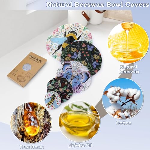 Revahope 5-Size Reusable Beeswax Bowl Covers for Bread Proofing, Cotton Cloth Flexible Beeswax Wraps for Food Storage(Honeybee) - Image 3