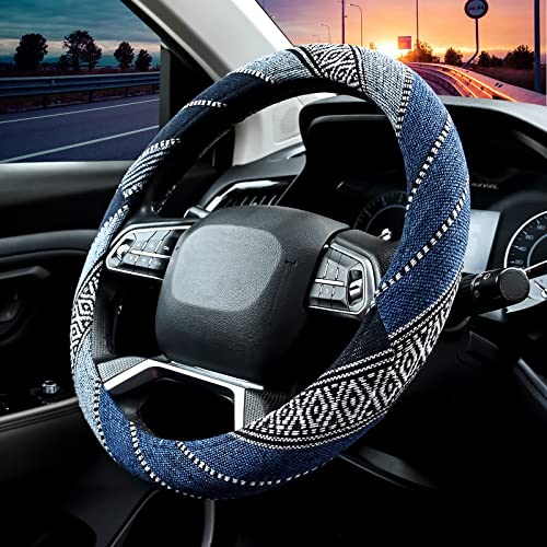 Valleycomfy Cloth Steering Wheel Covers for Women Bohemian Universal 15 inch Baja Blanket Enthic Blue - Image 3