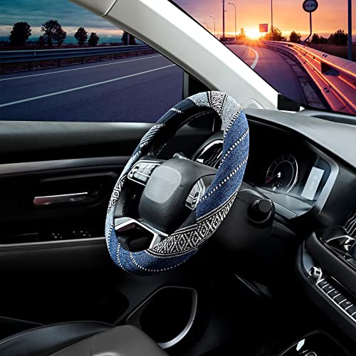 Valleycomfy Cloth Steering Wheel Covers for Women Bohemian Universal 15 inch Baja Blanket Enthic Blue - Image 4