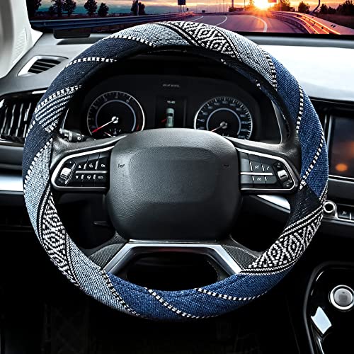 Valleycomfy Cloth Steering Wheel Covers for Women Bohemian Universal 15 inch Baja Blanket Enthic Blue - Image 2