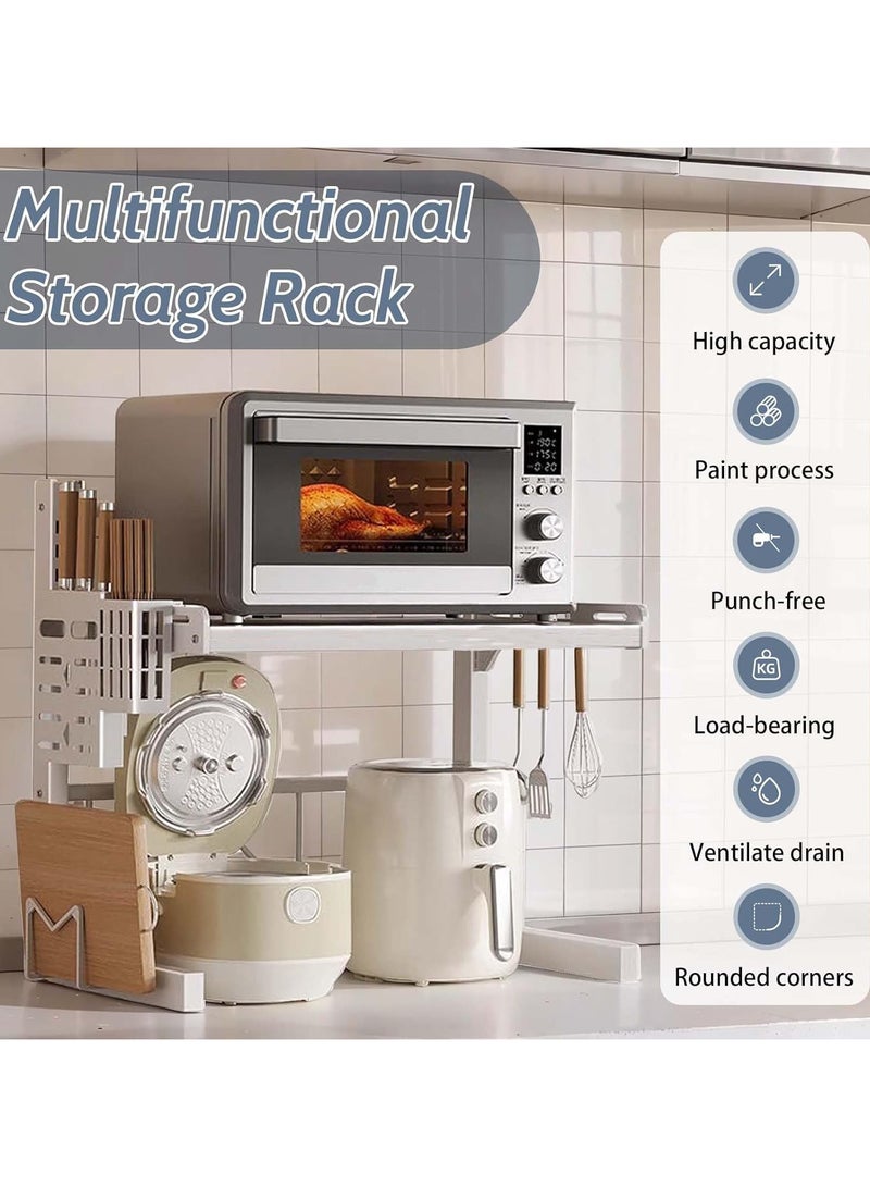 AUTOYSUR Expandable And Height Adjustable Metal Microwave Oven Rack, Microwave Stand, Pots Pans Organizer with 6 Hooks, Chopping Board Holder, Knife Holder, Chopstick Holder Adjustable Expandable for Kitchen Storage (White, 2 Tier)  - Image 3