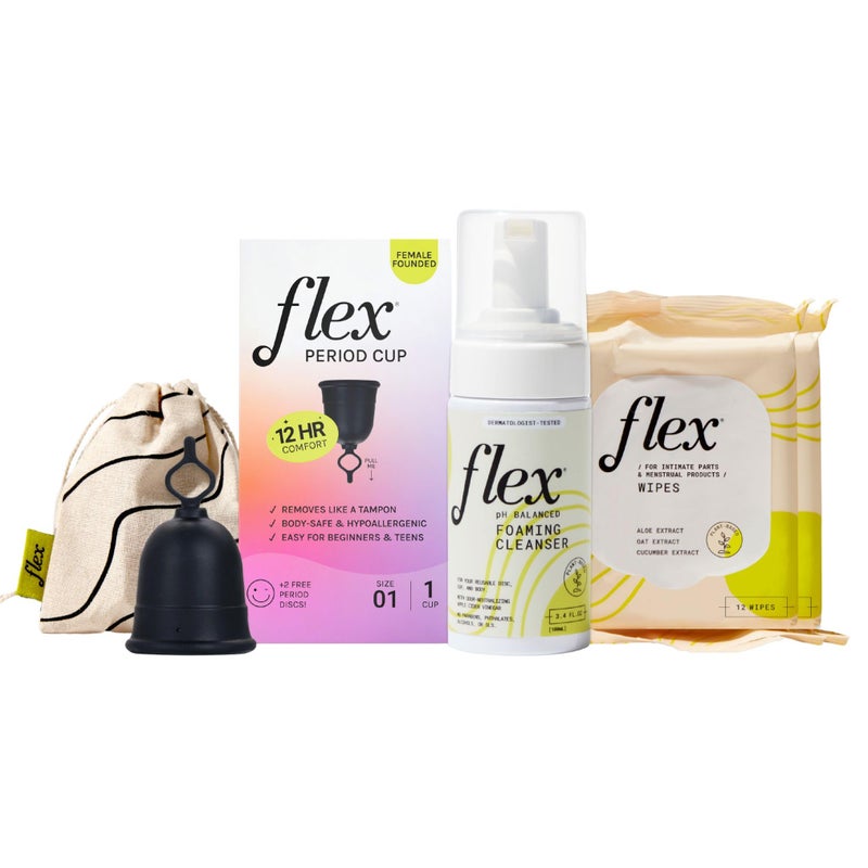Flex Cup Starter Bundle with Cup Size 1 Foaming Cleanser and 2Packs of Wipes Flex Cup Starter Bundle Size 01