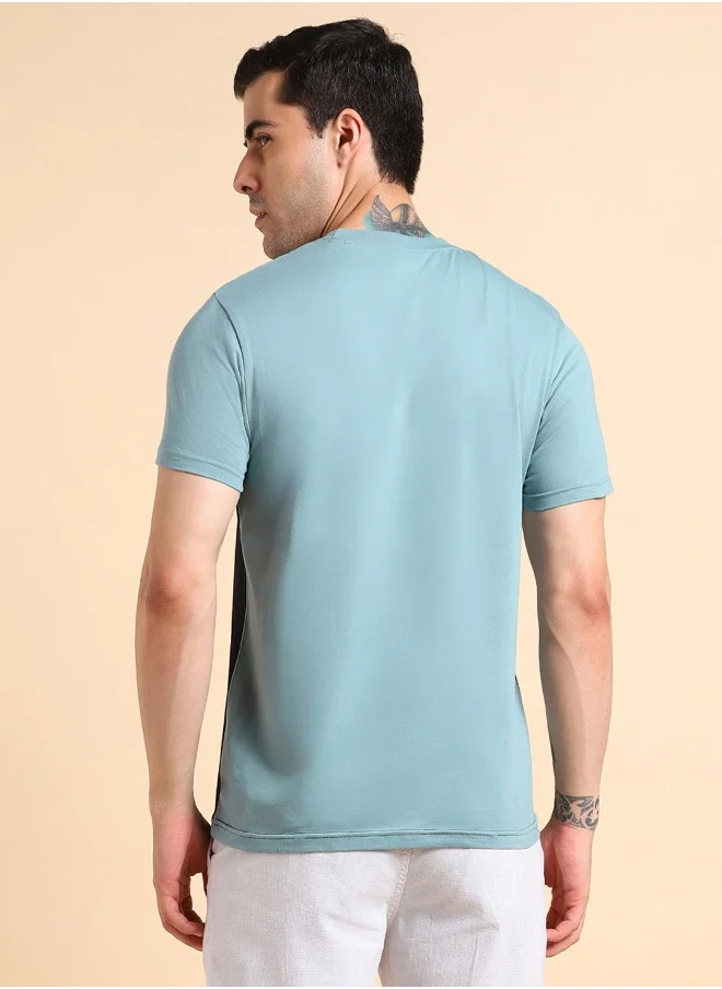 Dennis Lingo Sea Green Colourblocked Regular Fit Crew Neck T-shirt for Men - 100% Cotton, Half Sleeves, Casual