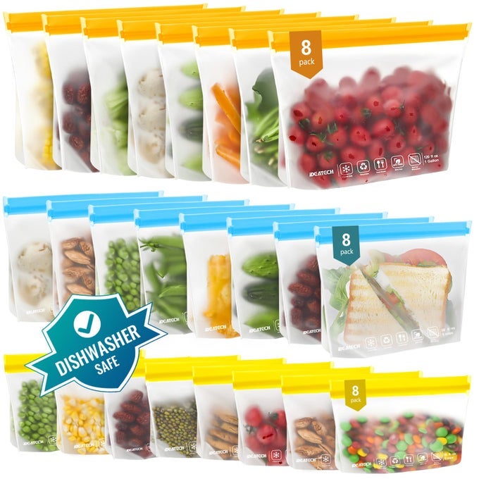 24PACK REUSABLE FOOD FREEZER BAGS DISHWASHER SAFE LEAKPROOF STORAGE CONTAIZERS REUSABLE BAGS VARIOUS SIZE FOR FOOD STORAGE BPA FREE RESEALABLE BAGGIES8GALLON 8QUART 8SNACKCOLORED