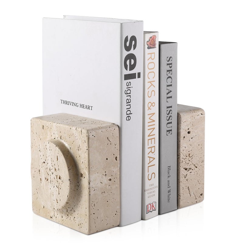 Koville Marble Square Book Ends, Heavy Duty Book Holders, Bookends for Shelves, Office Bookshelf Decor for CDs/Video Games(Travertino Romano) - Image 1