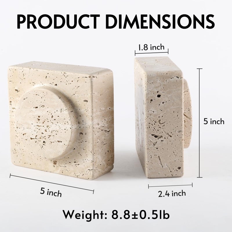 Koville Marble Square Book Ends, Heavy Duty Book Holders, Bookends for Shelves, Office Bookshelf Decor for CDs/Video Games(Travertino Romano) - Image 2