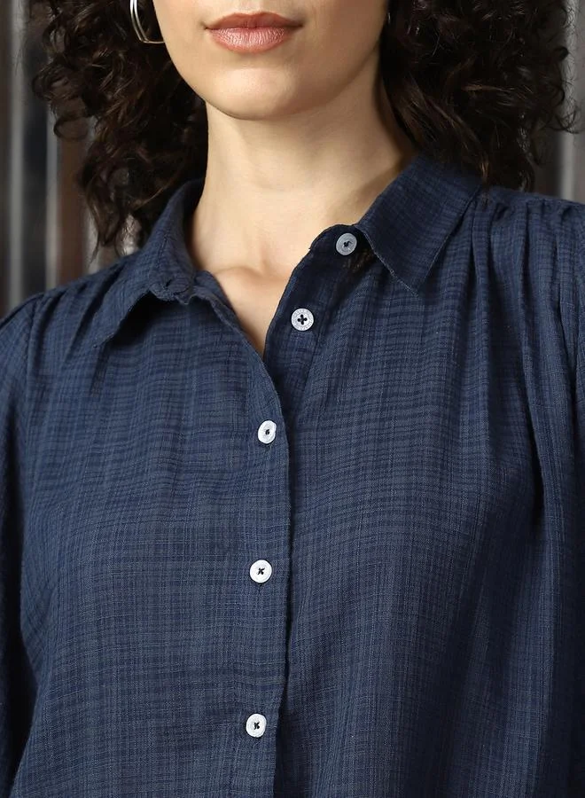 HIGH STAR Women Boxy Spread Collar Checked Cotton Geathers At Shoulder Casual Shirt