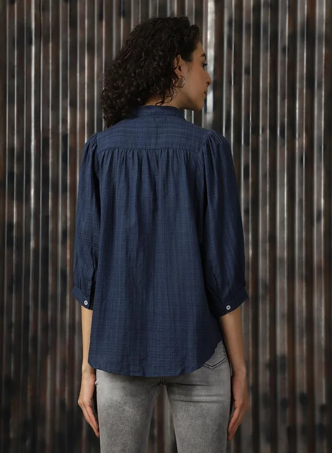 HIGH STAR Women Boxy Spread Collar Checked Cotton Geathers At Shoulder Casual Shirt