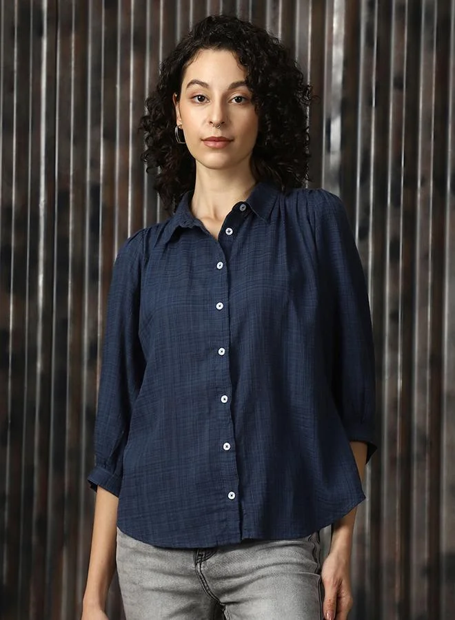 HIGH STAR Women Boxy Spread Collar Checked Cotton Geathers At Shoulder Casual Shirt
