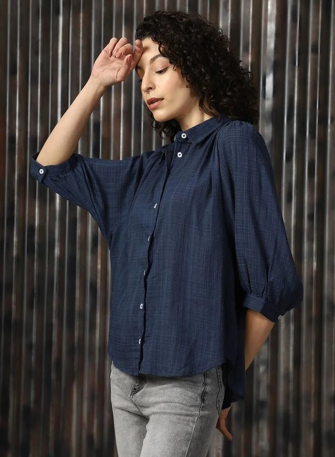 HIGH STAR Women Boxy Spread Collar Checked Cotton Geathers At Shoulder Casual Shirt