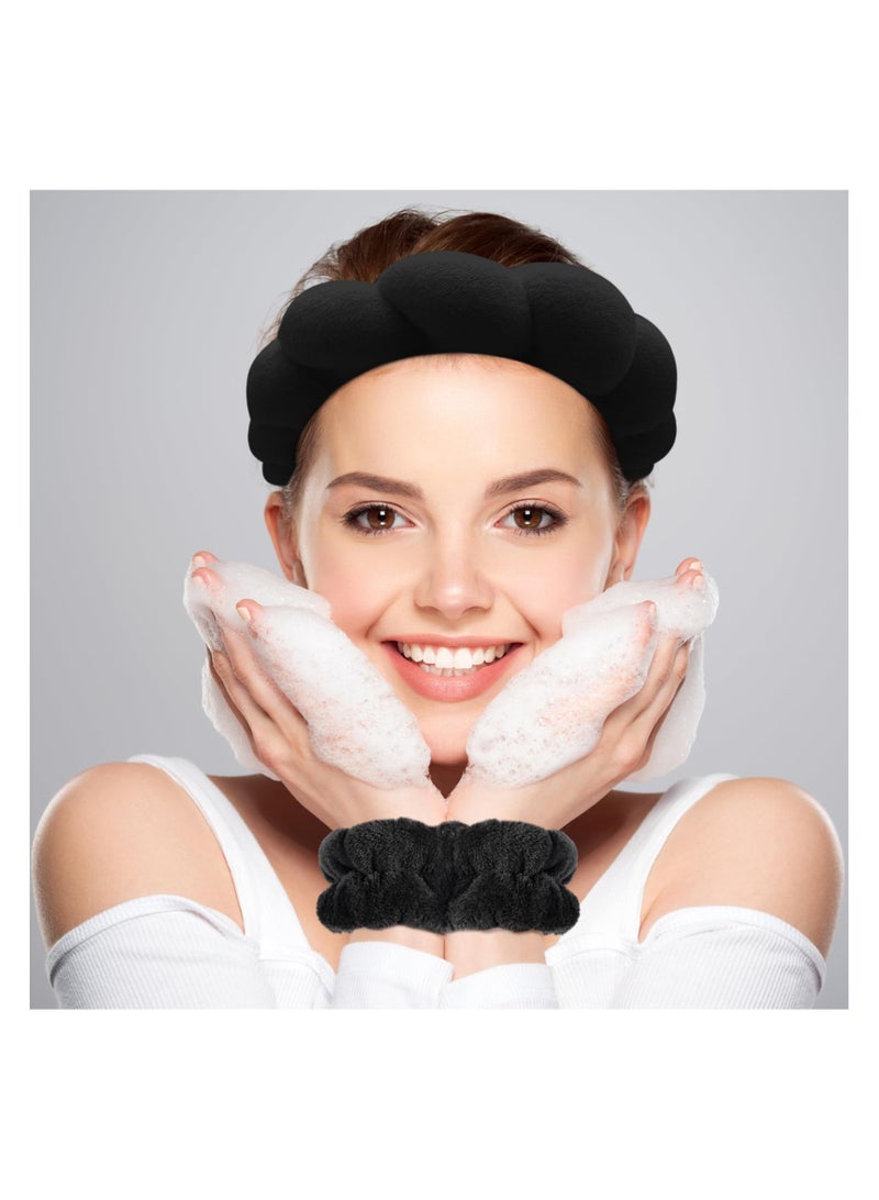 KHAJUL 3PCS Sponge Headband Wristband Sets for Washing Face, Makeup Headbands for Women Girls, Skincare Makeup Removal, Wash Spa Yoga Sports, Shower Head Band Terry Towel Cloth Hair Band (Black) - Image 5