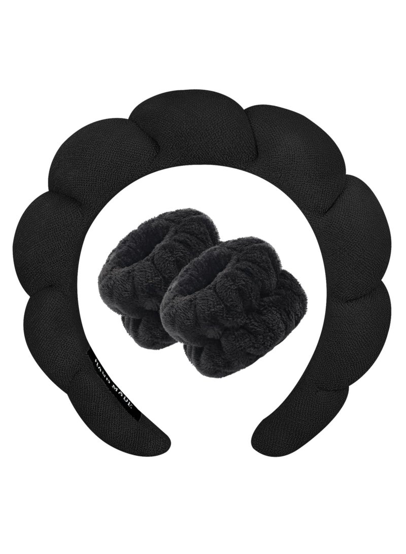 KHAJUL 3PCS Sponge Headband Wristband Sets for Washing Face, Makeup Headbands for Women Girls, Skincare Makeup Removal, Wash Spa Yoga Sports, Shower Head Band Terry Towel Cloth Hair Band (Black) - Image 2