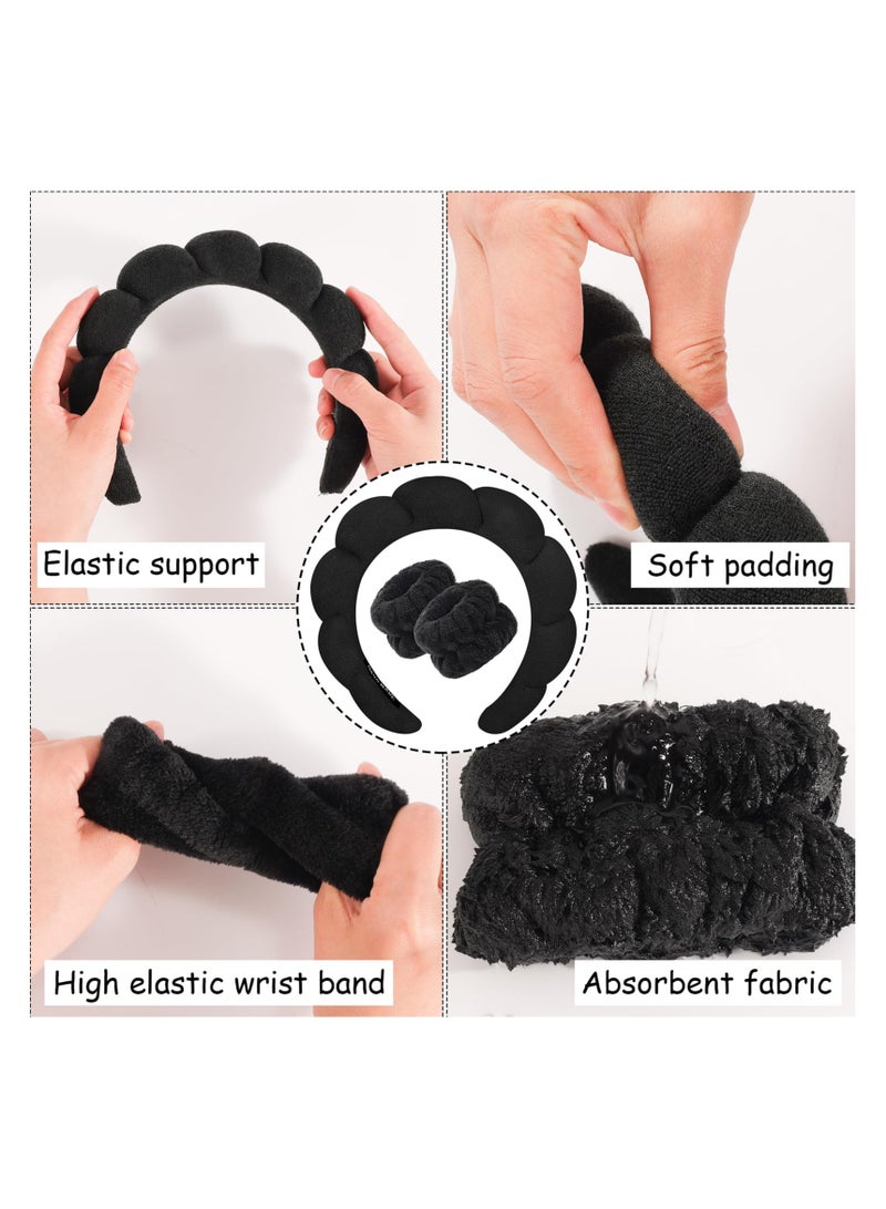 KHAJUL 3PCS Sponge Headband Wristband Sets for Washing Face, Makeup Headbands for Women Girls, Skincare Makeup Removal, Wash Spa Yoga Sports, Shower Head Band Terry Towel Cloth Hair Band (Black) - Image 4