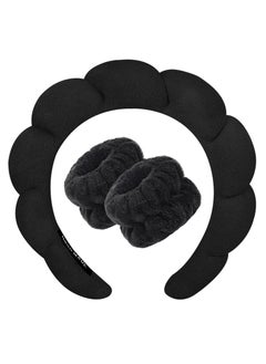 KHAJUL 3PCS Sponge Headband Wristband Sets for Washing Face, Makeup Headbands for Women Girls, Skincare Makeup Removal, Wash Spa Yoga Sports, Shower Head Band Terry Towel Cloth Hair Band (Black)  - Image 1