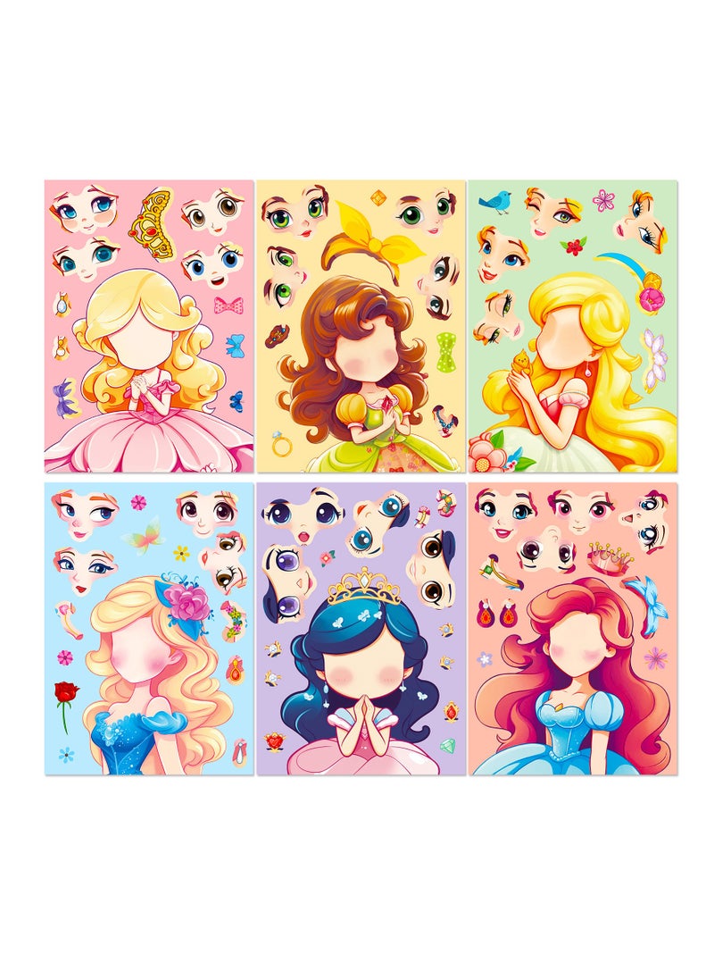 Generic - 6pcs cartoon princess collage sticker sheet DIY face stickers make your own princess stickers for kids arts and crafts - Image 1