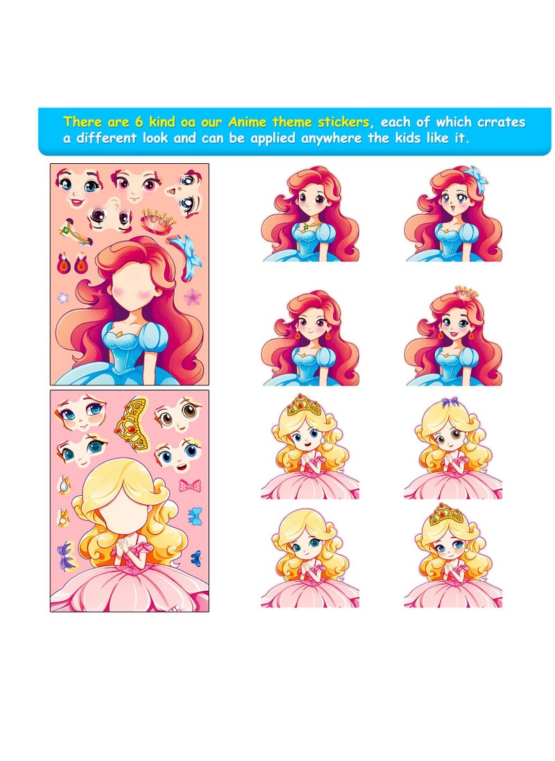 Generic - 6pcs cartoon princess collage sticker sheet DIY face stickers make your own princess stickers for kids arts and crafts - Image 1