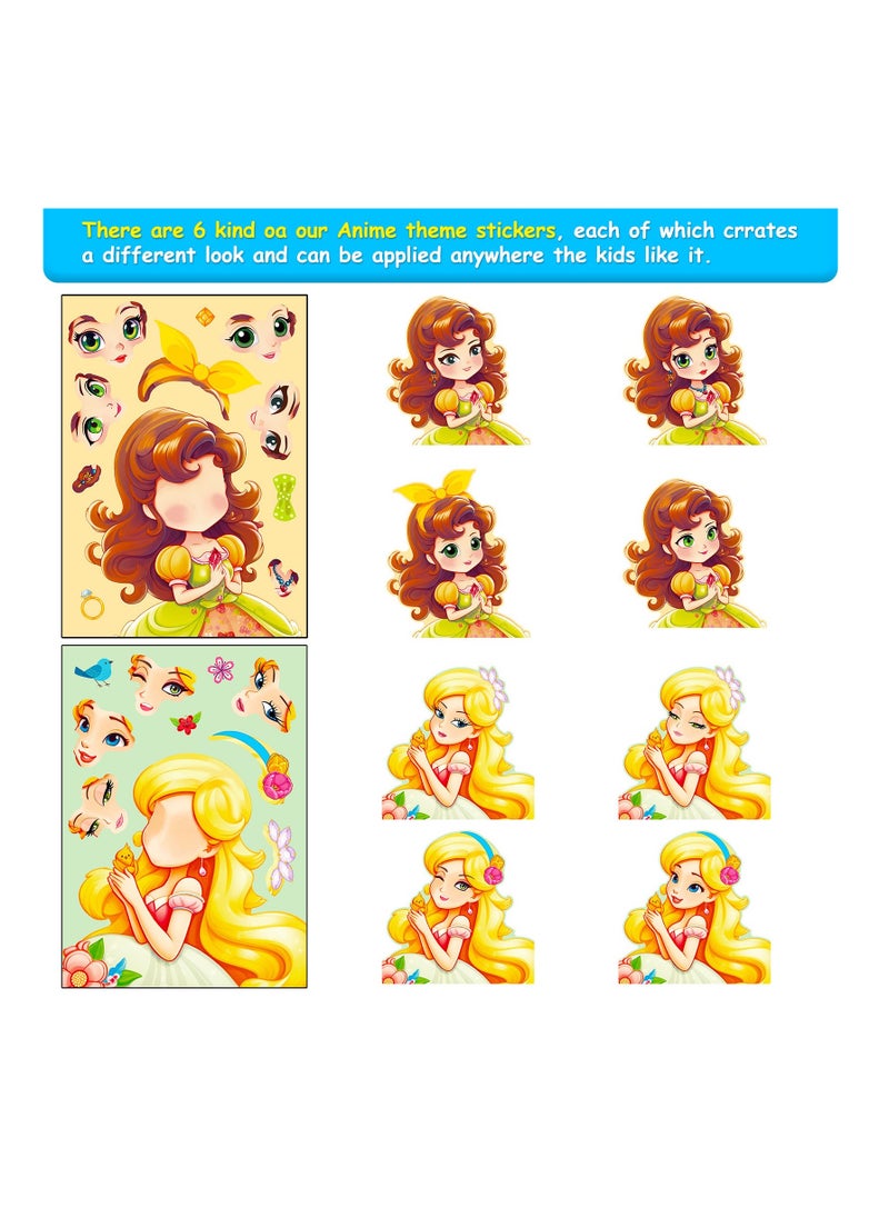 Generic - 6pcs cartoon princess collage sticker sheet DIY face stickers make your own princess stickers for kids arts and crafts - Image 1