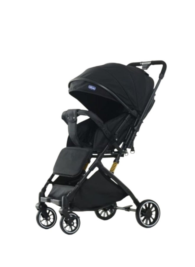 Chicco baby stroller with flip arm and anti-puncture wheels, it has a storage basket for the baby's essentials and an adjustable canopy, black color - Image 1