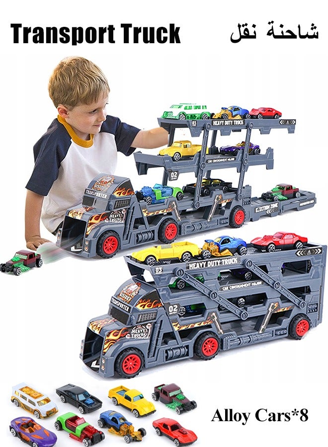 Transport Truck Toy with Slots & Foldable Race, Foldable Car Race Track with 8 PCS Alloy Cars, 9 in 1 Transport Container Trucks,  4 Layer Carrier Truck Race Track, Folding Ejection Race Truck, Die-Cast Transport Truck Toy, Truck Track Playset, Vehicle Playset for Boys and Girls Gift  - Image 1