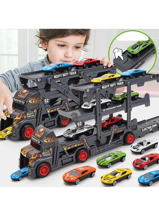 Transport Truck Toy with Slots & Foldable Race, Foldable Car Race Track with 8 PCS Alloy Cars, 9 in 1 Transport Container Trucks,  4 Layer Carrier Truck Race Track, Folding Ejection Race Truck, Die-Cast Transport Truck Toy, Truck Track Playset, Vehicle Playset for Boys and Girls Gift  - Image 3