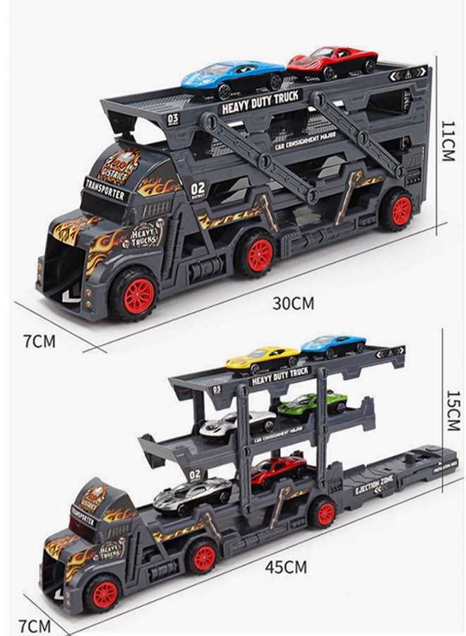 Transport Truck Toy with Slots & Foldable Race, Foldable Car Race Track with 8 PCS Alloy Cars, 9 in 1 Transport Container Trucks,  4 Layer Carrier Truck Race Track, Folding Ejection Race Truck, Die-Cast Transport Truck Toy, Truck Track Playset, Vehicle Playset for Boys and Girls Gift  - Image 2