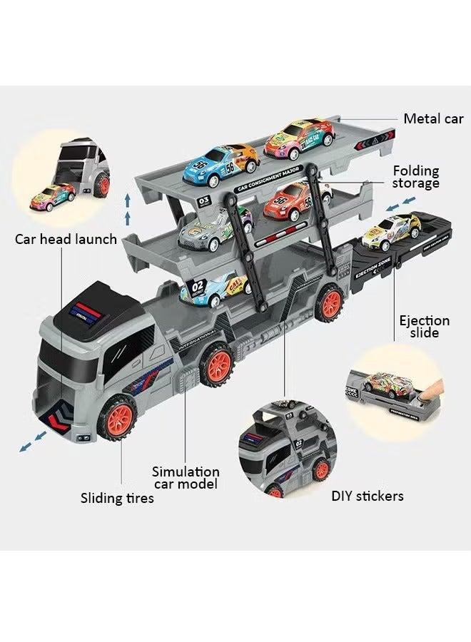 Transport Truck Toy with Slots & Foldable Race, Foldable Car Race Track with 8 PCS Alloy Cars, 9 in 1 Transport Container Trucks,  4 Layer Carrier Truck Race Track, Folding Ejection Race Truck, Die-Cast Transport Truck Toy, Truck Track Playset, Vehicle Playset for Boys and Girls Gift  - Image 4