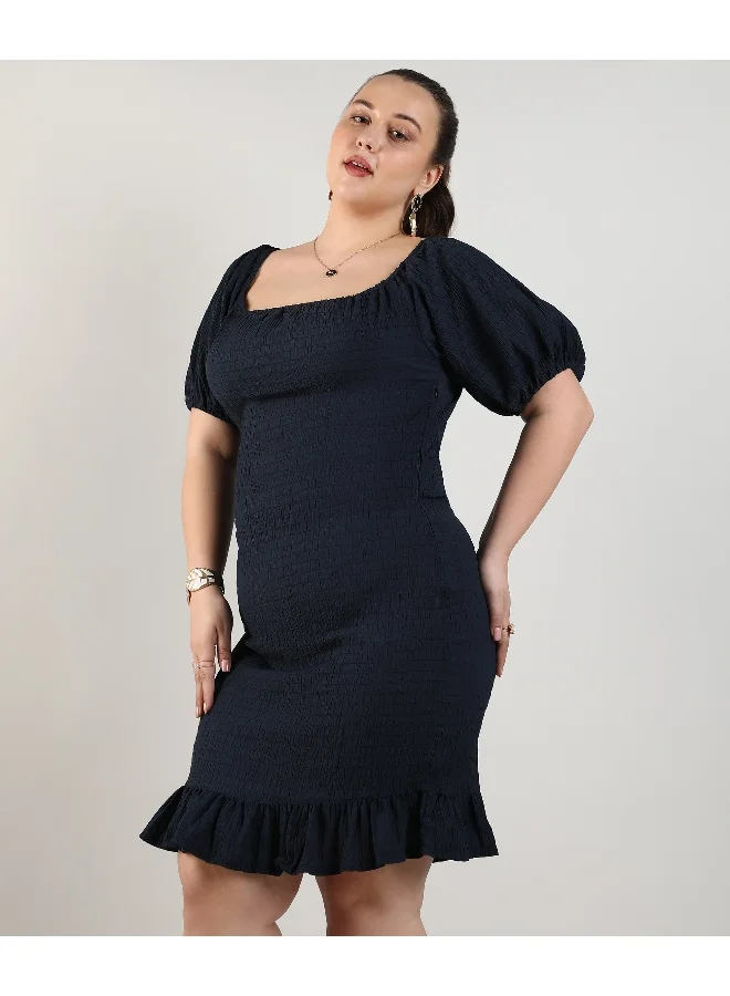 Instafab Plus Women's Navy Blue Ruched Ruffle Dress For Casual Wear | Square Neck | Short Sleeve | Pull On Closure | Plus-Size Dress Crafted With Comfort With For Everyday Wear