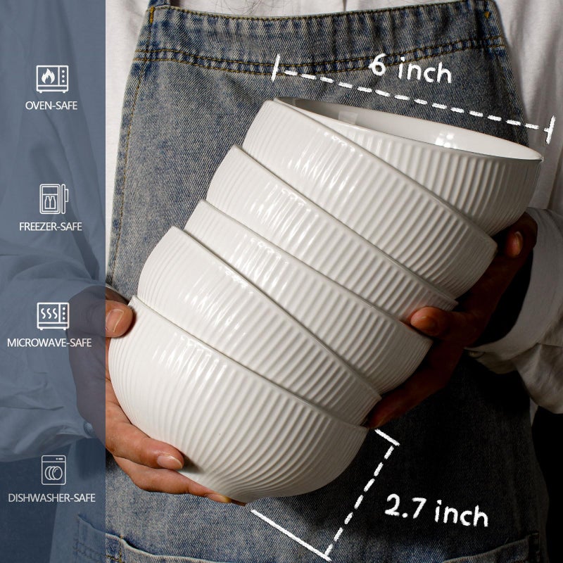 Artena Cereal Bowls 26 OZ, Ceramic Soup Bowls For Kitchen, Embossment Bowls For Rice Pasta Salad, White Bowls For Breakfast Lunch Dinner, 6 Inch, Set Of 6, Dishwasher & Microwave Safe, Stripe - Image 3
