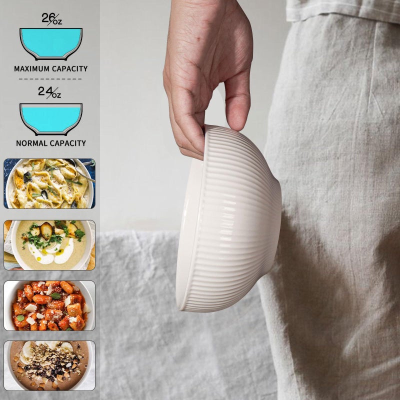 Artena Cereal Bowls 26 OZ, Ceramic Soup Bowls For Kitchen, Embossment Bowls For Rice Pasta Salad, White Bowls For Breakfast Lunch Dinner, 6 Inch, Set Of 6, Dishwasher & Microwave Safe, Stripe - Image 4