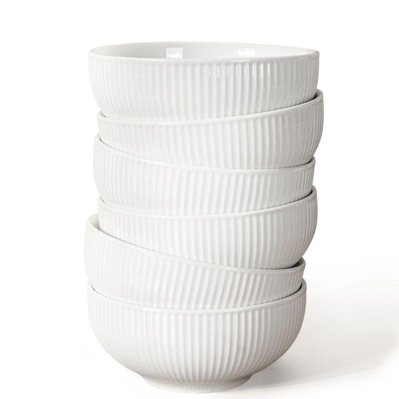 Artena Cereal Bowls 26 OZ, Ceramic Soup Bowls For Kitchen, Embossment Bowls For Rice Pasta Salad, White Bowls For Breakfast Lunch Dinner, 6 Inch, Set Of 6, Dishwasher & Microwave Safe, Stripe - Image 1