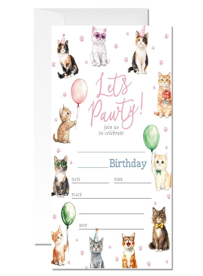 ZYQFN 20 Cat Birthday Invitations for Girls Boys Kids Adult with Envelopes - 4x6 Inch Let’s Paw-ty Kitten Card, Cute Pet Themed Party Invites. (036) - Image 1