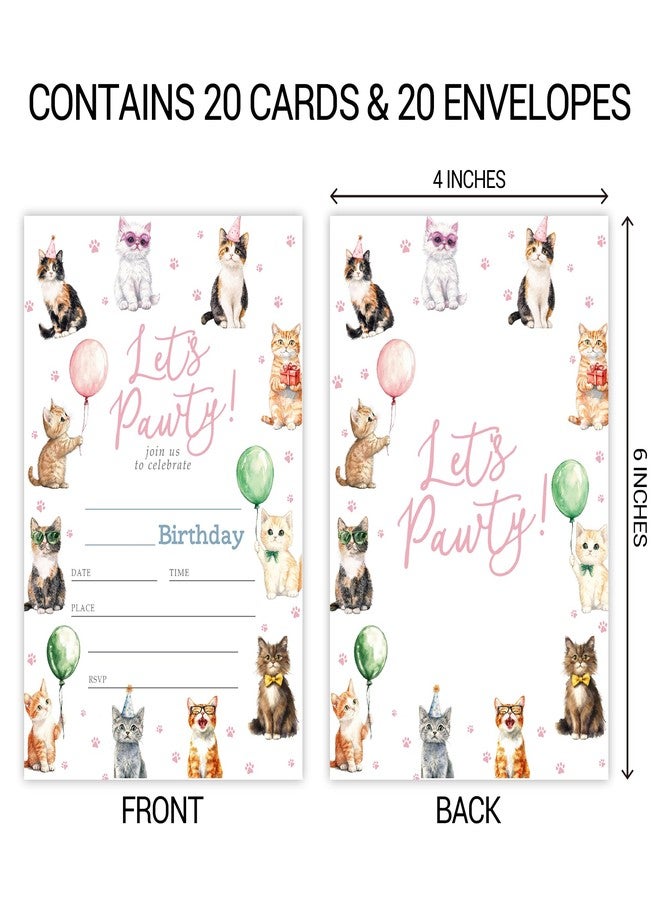 ZYQFN 20 Cat Birthday Invitations for Girls Boys Kids Adult with Envelopes - 4x6 Inch Let’s Paw-ty Kitten Card, Cute Pet Themed Party Invites. (036) - Image 2