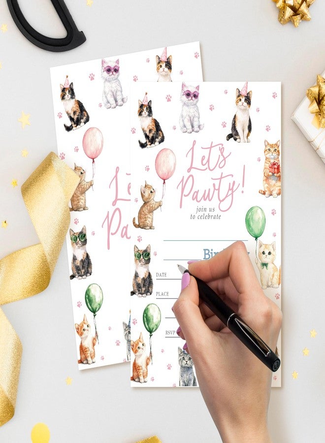 ZYQFN 20 Cat Birthday Invitations for Girls Boys Kids Adult with Envelopes - 4x6 Inch Let’s Paw-ty Kitten Card, Cute Pet Themed Party Invites. (036) - Image 3