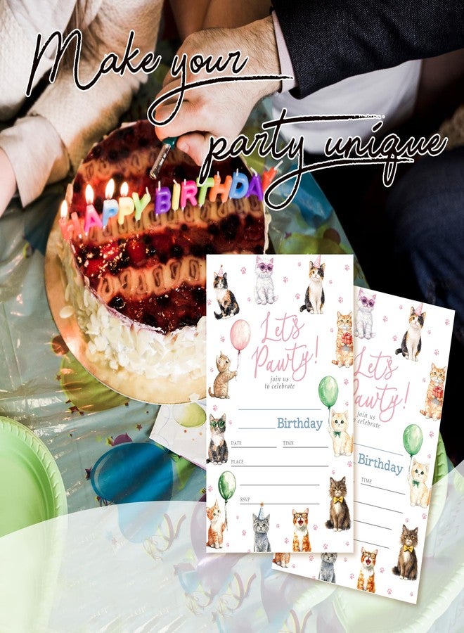 ZYQFN 20 Cat Birthday Invitations for Girls Boys Kids Adult with Envelopes - 4x6 Inch Let’s Paw-ty Kitten Card, Cute Pet Themed Party Invites. (036) - Image 4