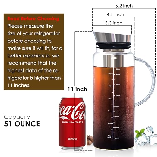 Aquach Cold Brew Coffee Iced Tea Maker & Fruit Pitcher - Large Capacity 51 Ounces - with Durable Glass Carafe/Fine Mesh Steel Infuser/Airtight Lid - Image 4
