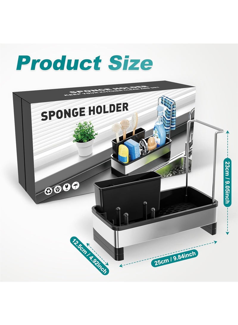 Hihonor Stainless Steel Sink Caddy, Sponge Holder for Kitchen Sink with Brush Holder & Dishcloth Rack, Rustproof Organizer Countertop, Soap Dispenser Kitchen Organizers Storage Essentials, Black - Image 1