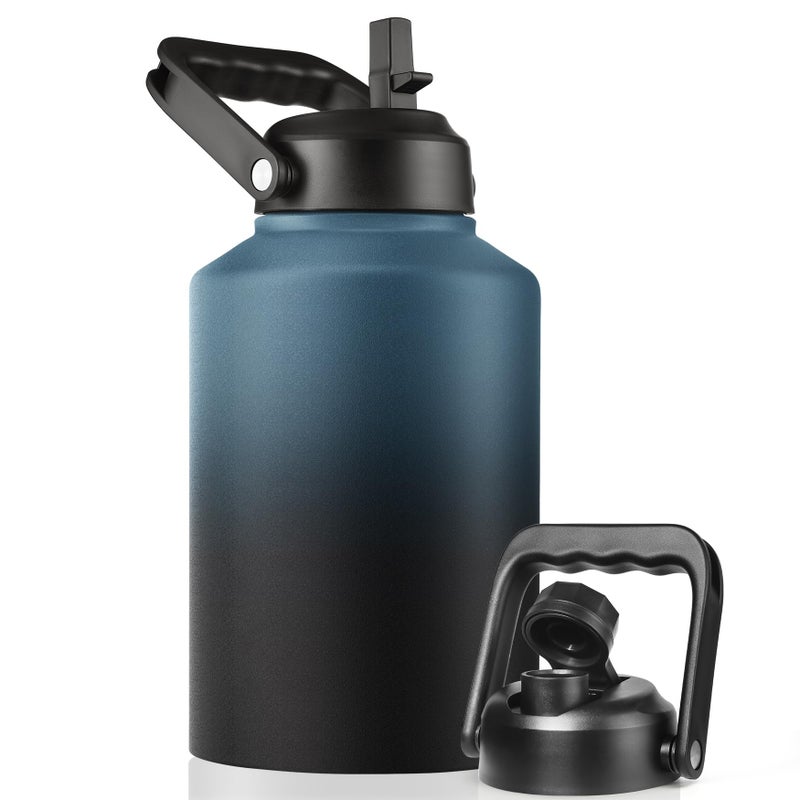 EALGRO Gallon Insulated Water Bottle Jug with Straw  128 oz Large Stainless Steel Sports Metal Water Canteen With Handle  Thermal Water Cup Mug with 2 Lids  Indigo Black - Image 1