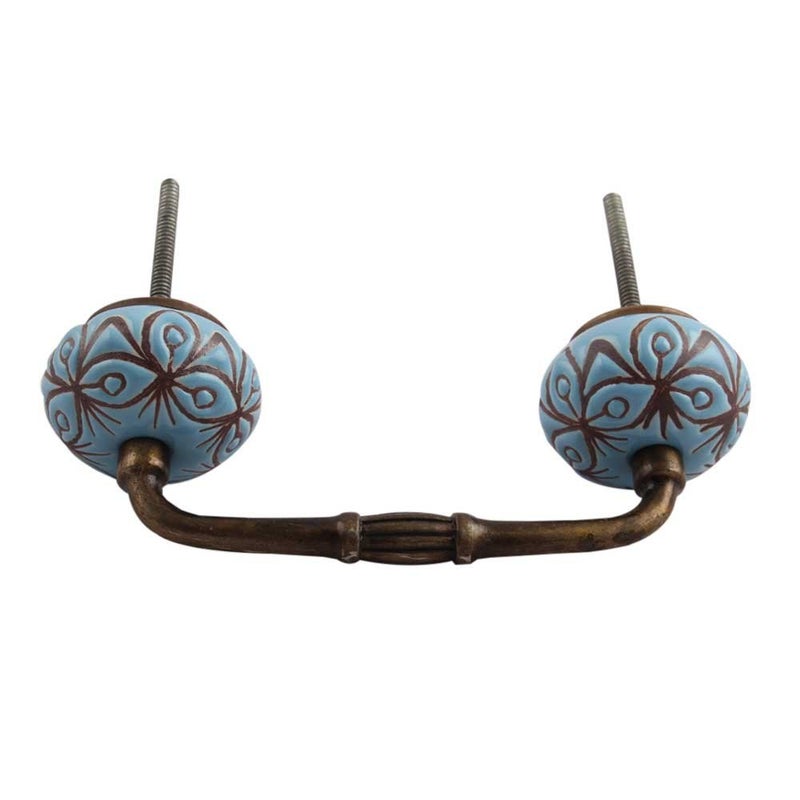 Indian-Shelf IndianShelf 1 Pack Ceramic Turquoise Cabinet Pulls Floral Vintage Kitchen Drawer Handles Door Dresser Handles Antique Hardware 4 Hole to Hole BH222CK1394