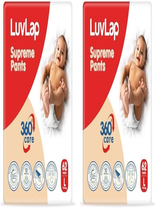 LuvLap Supreme Unisex Diaper Pants Large (LG) 9 To 14Kg, 62Pcs, 360° Skin Care With 10 Million Breathable Pores, Aloe Vera For Superior Rash Prevention, Upto 12Hr Protection, 5 Layer Super Light Core