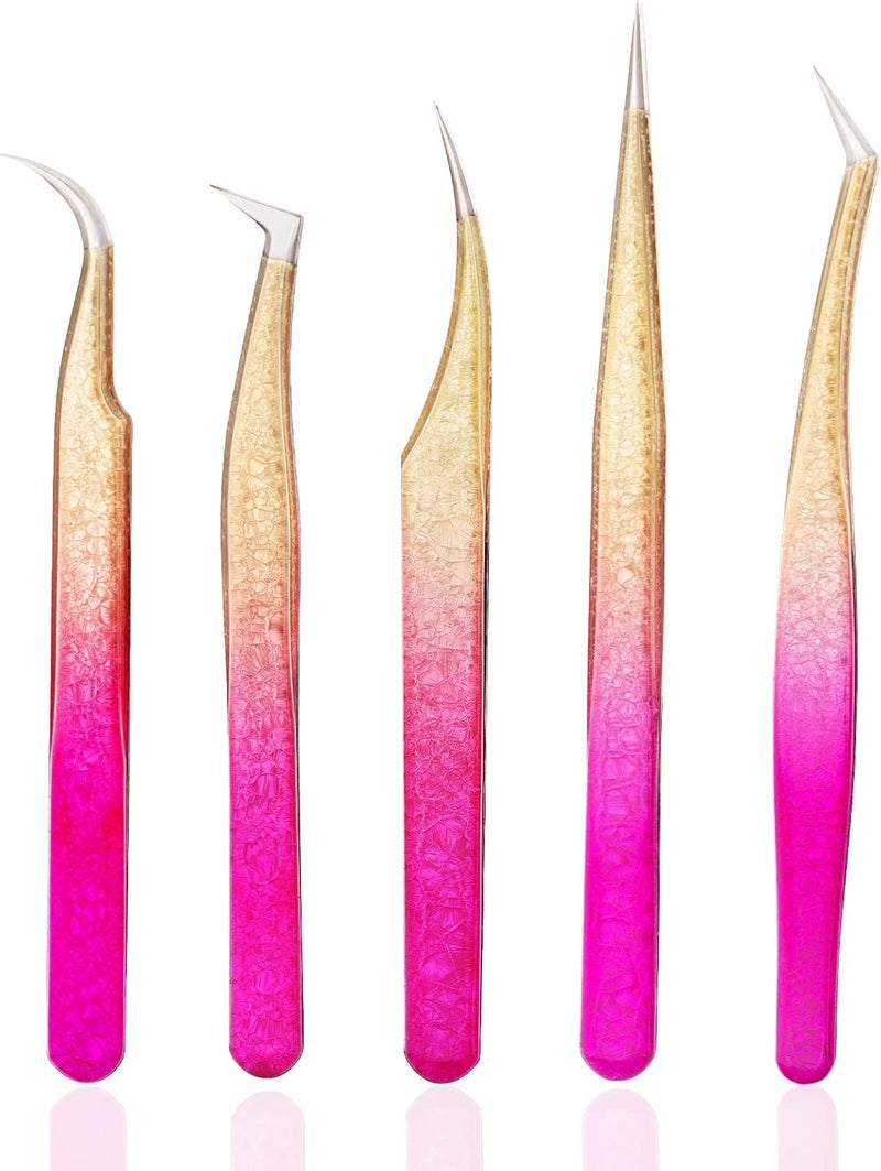 مجموعة ملاقط الرموش الاحترافية 5 قطع، ملاقط رموش من الفولاذ المقاوم للصدأ، ملاقط تمديد الرموش للرموش الكثيفة، العزل والرموش الكلاسيكية