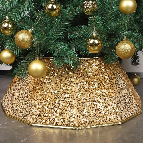 Blissun Christmas Tree Collar, Sequin Christmas Tree Skirt, Foldable Tree Ring, Xmas Tree Stand Base Cover for Christmas Tree Decoration, Bright Gold - Image 1
