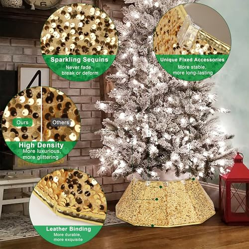 Blissun Christmas Tree Collar, Sequin Christmas Tree Skirt, Foldable Tree Ring, Xmas Tree Stand Base Cover for Christmas Tree Decoration, Bright Gold - Image 4