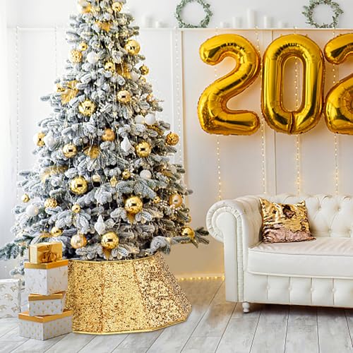 Blissun Christmas Tree Collar, Sequin Christmas Tree Skirt, Foldable Tree Ring, Xmas Tree Stand Base Cover for Christmas Tree Decoration, Bright Gold - Image 5
