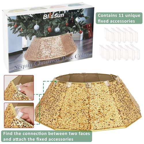 Blissun Christmas Tree Collar, Sequin Christmas Tree Skirt, Foldable Tree Ring, Xmas Tree Stand Base Cover for Christmas Tree Decoration, Bright Gold - Image 3