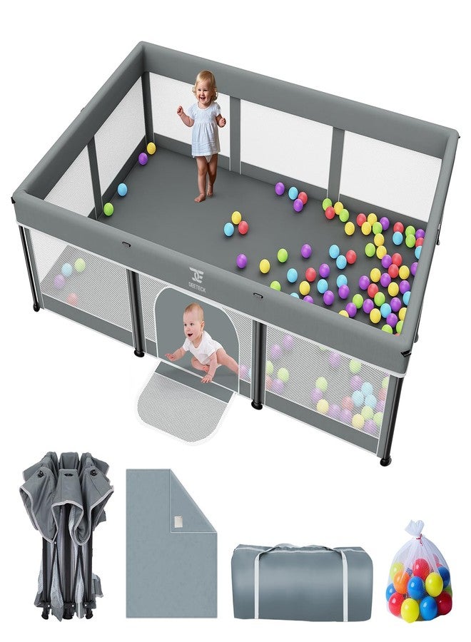 Deeteck Foldable Baby Playpen with Mat - 74"X50" Large Play Yard for Babies and Toddlers - Indoor & Outdoor Portable Playpen with Storage Bag & 30 Ocean Ball - Baby Fence with Visible Mesh & Zipper Door,Grey - Image 1