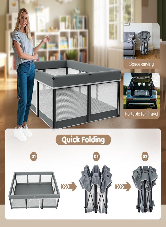 Deeteck Foldable Baby Playpen with Mat - 74"X50" Large Play Yard for Babies and Toddlers - Indoor & Outdoor Portable Playpen with Storage Bag & 30 Ocean Ball - Baby Fence with Visible Mesh & Zipper Door,Grey - Image 2