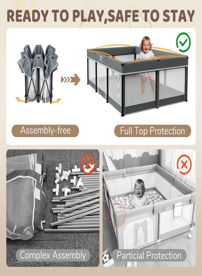 Deeteck Foldable Baby Playpen with Mat - 74"X50" Large Play Yard for Babies and Toddlers - Indoor & Outdoor Portable Playpen with Storage Bag & 30 Ocean Ball - Baby Fence with Visible Mesh & Zipper Door,Grey - Image 3