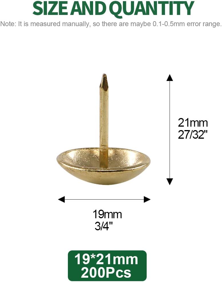 Keadic 200Pcs 3/4" (19mm) Antique Upholstery Tacks Furniture Nails Pins Assortment Kit for Upholstered Furniture Cork Board or DIY Projects - Gold - Image 2