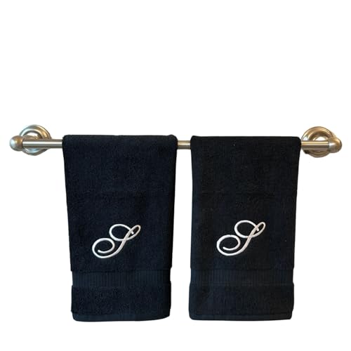 Decorvo Black Monogrammed Hand Towels for Bathroom - Luxury Hotel Quality Personalized Initial Embroidered Towel for Powder Room, Spa - GOTS Organic Certified - Set of 2 White Letter S - Image 1