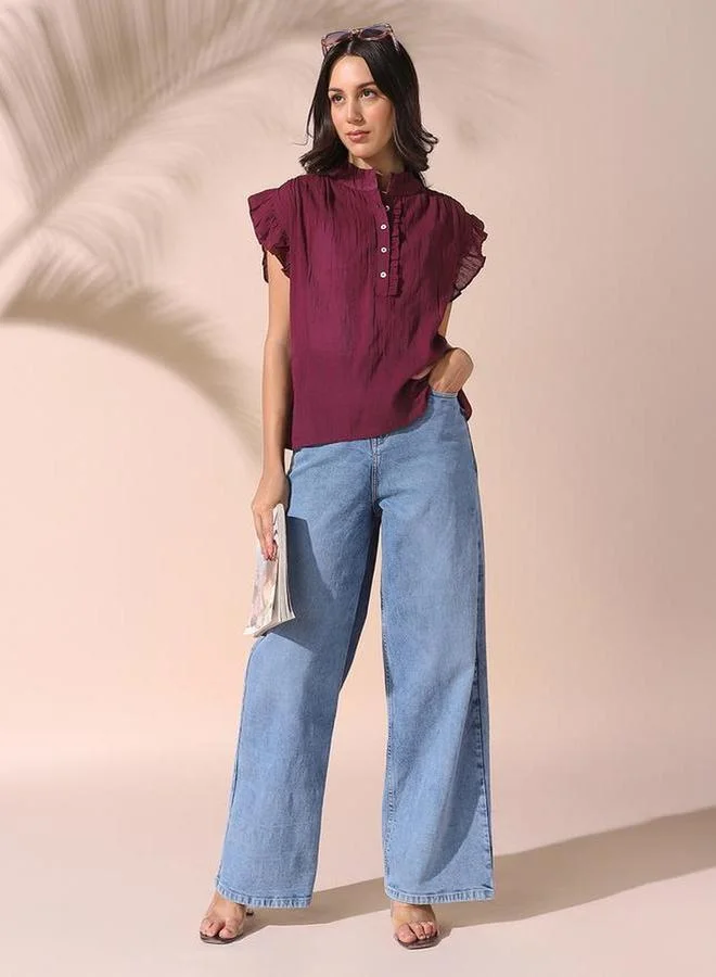 دينيس لينغو بلوزة نسائية سادة بنقشة بارزة بلا أكمام وبكشكش